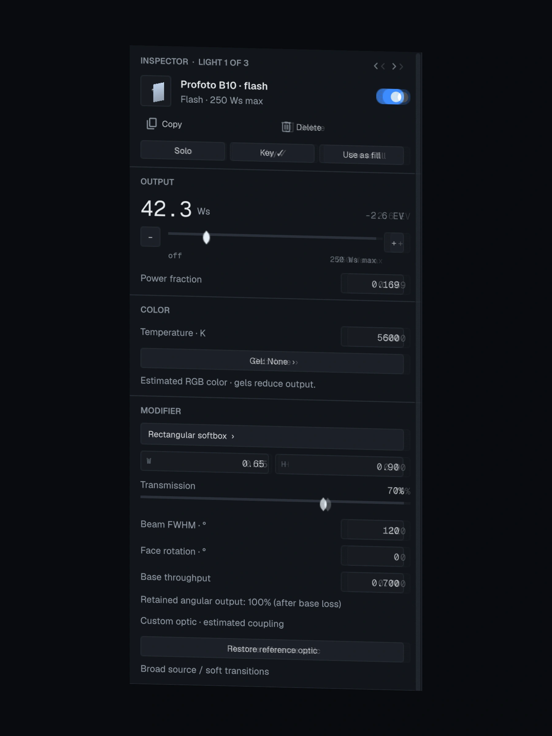 Selected-light inspector: output in watt-seconds, color temperature, gel, modifier and transmission