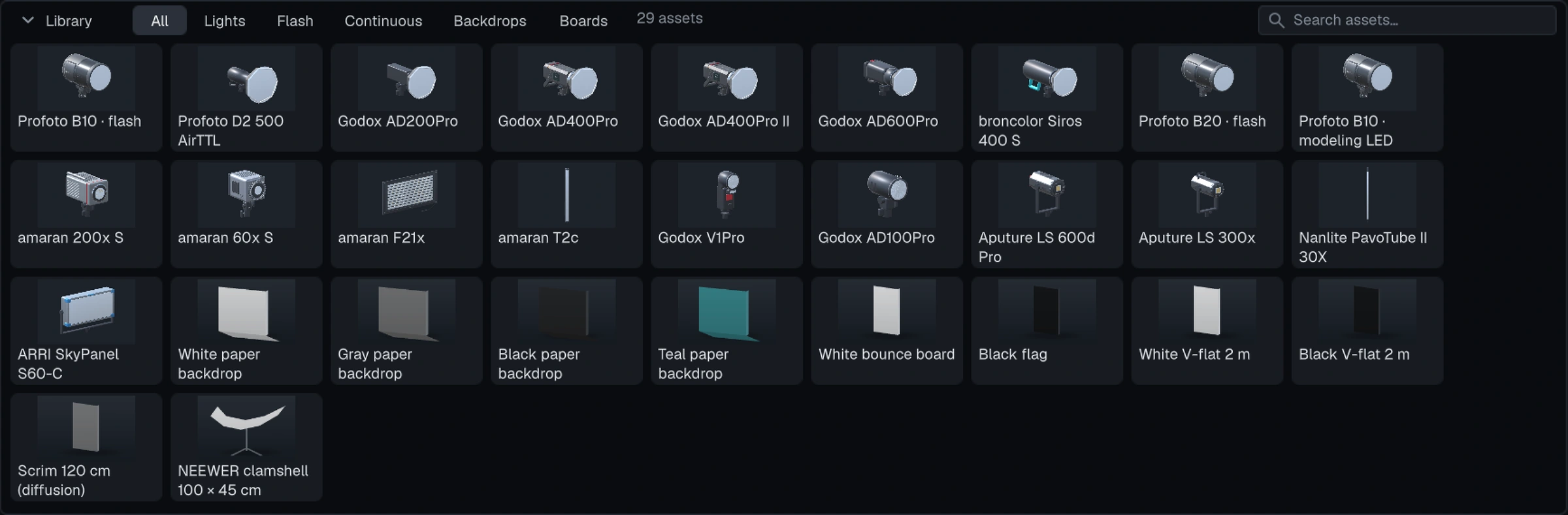 Equipment library: flashes, continuous lights, backdrops, boards, a scrim and a clamshell reflector