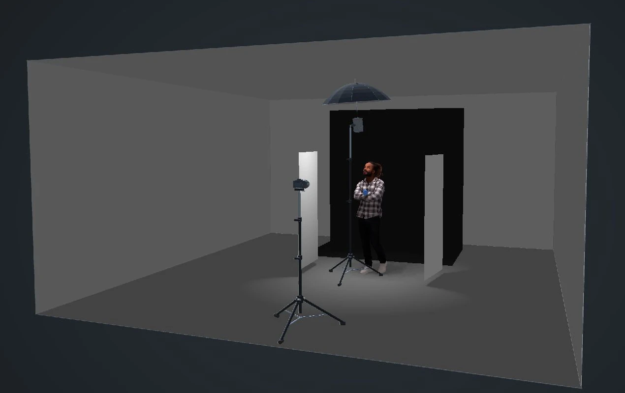 An umbrella on a boom arm over the subject, flanked by two white boards in front of a black backdrop