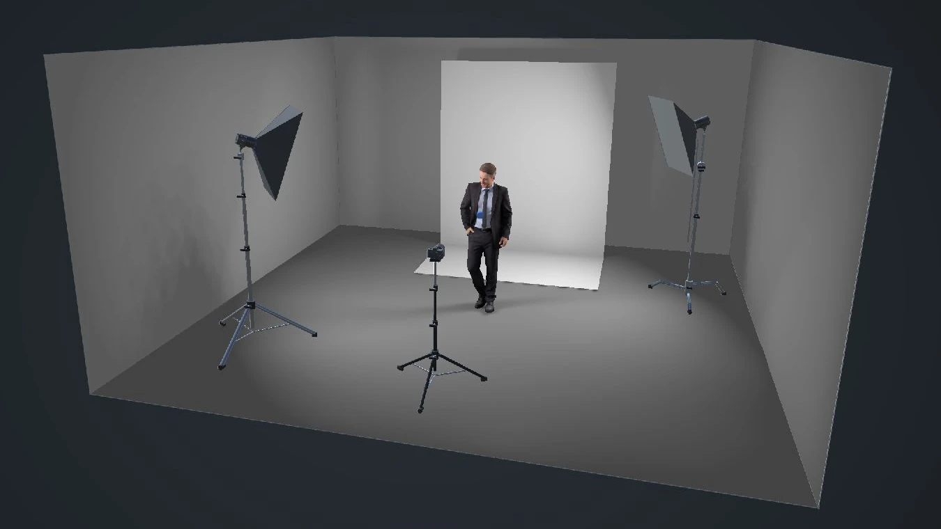 The whole virtual studio from above: two strip softboxes, a white backdrop, the subject and camera in a 6 by 6 metre room