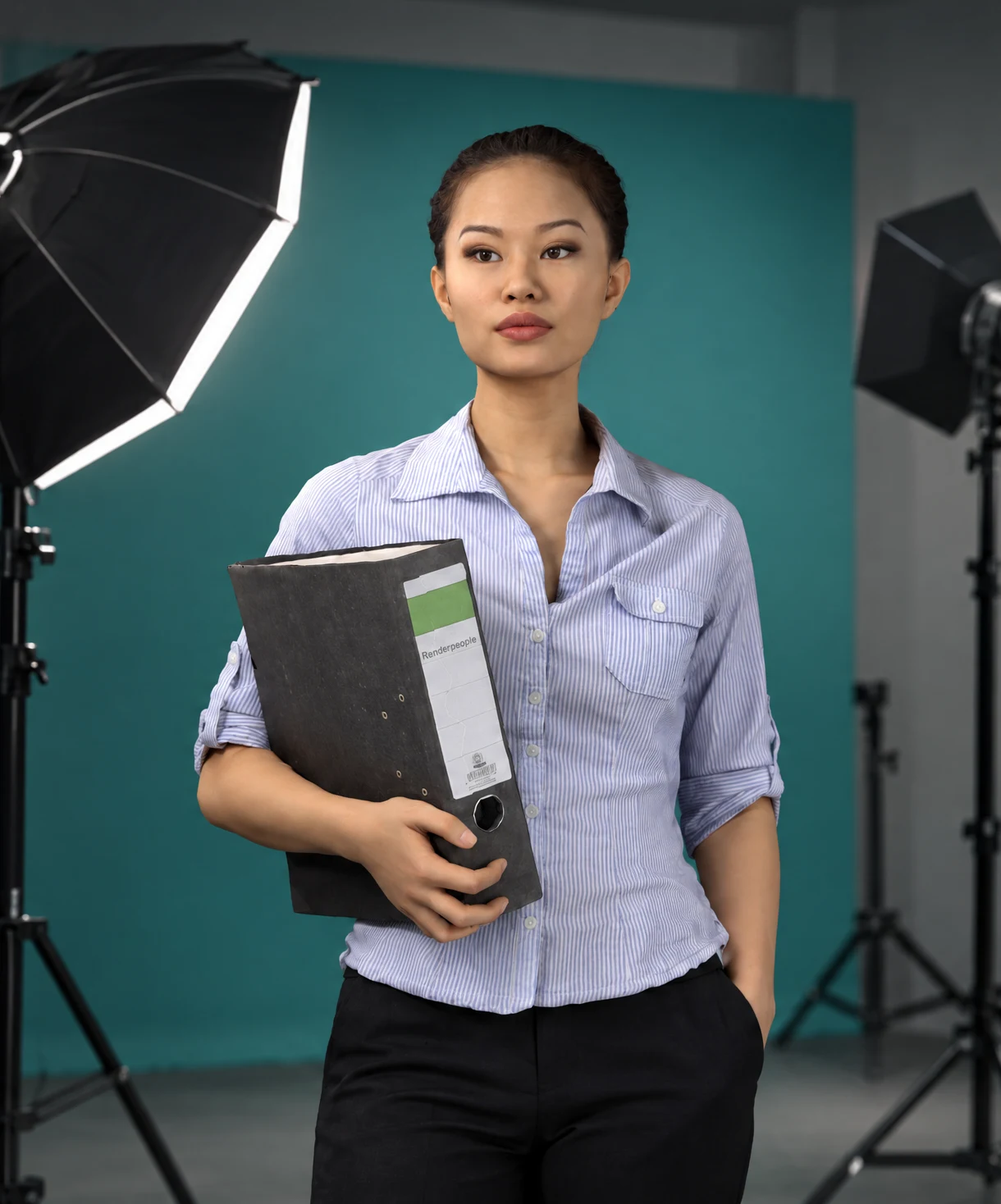 A subject holding a binder in a virtual studio with an octabox and softbox against a teal backdrop