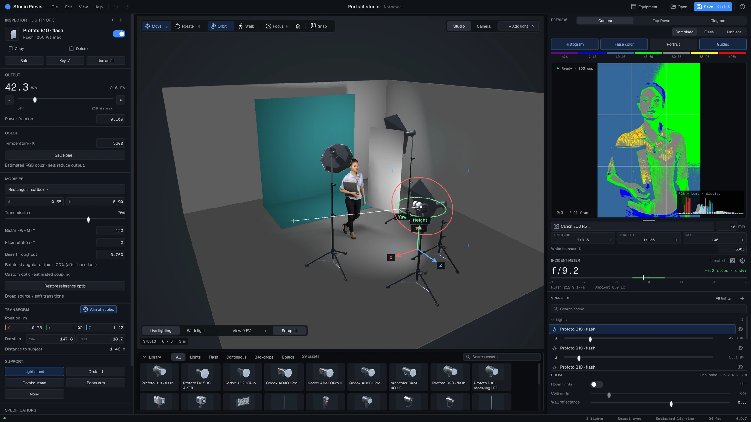 Workspace with the camera preview in false color, showing exposure zones