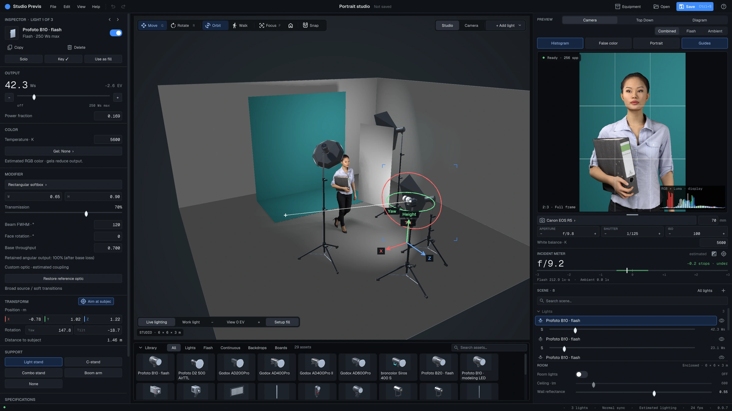 Workspace with the camera preview showing histogram and composition guides