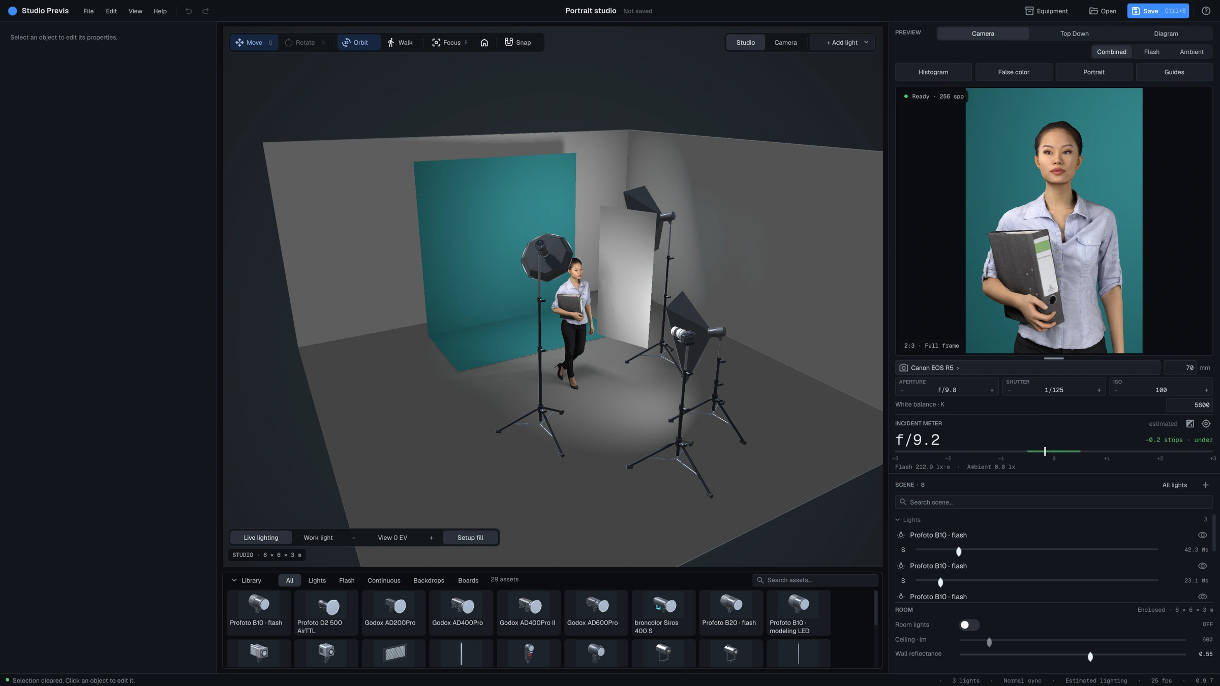The LightKit Pro workspace: live studio with three lights, equipment library below, camera preview, meter and scene list on the right